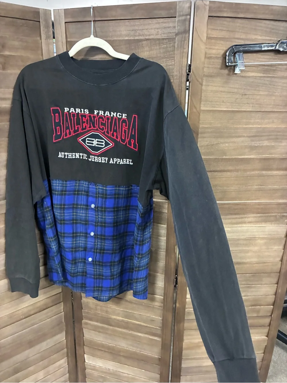 Balenciaga Black Sweatshirt with Blue Plaid Button-Front Panel - Picture 3 of 6